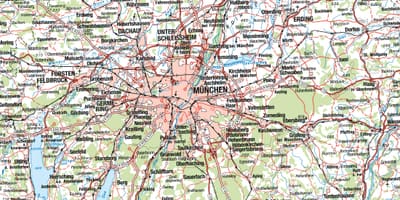 Карта Мюнхена і бліжэйшых гарадоў